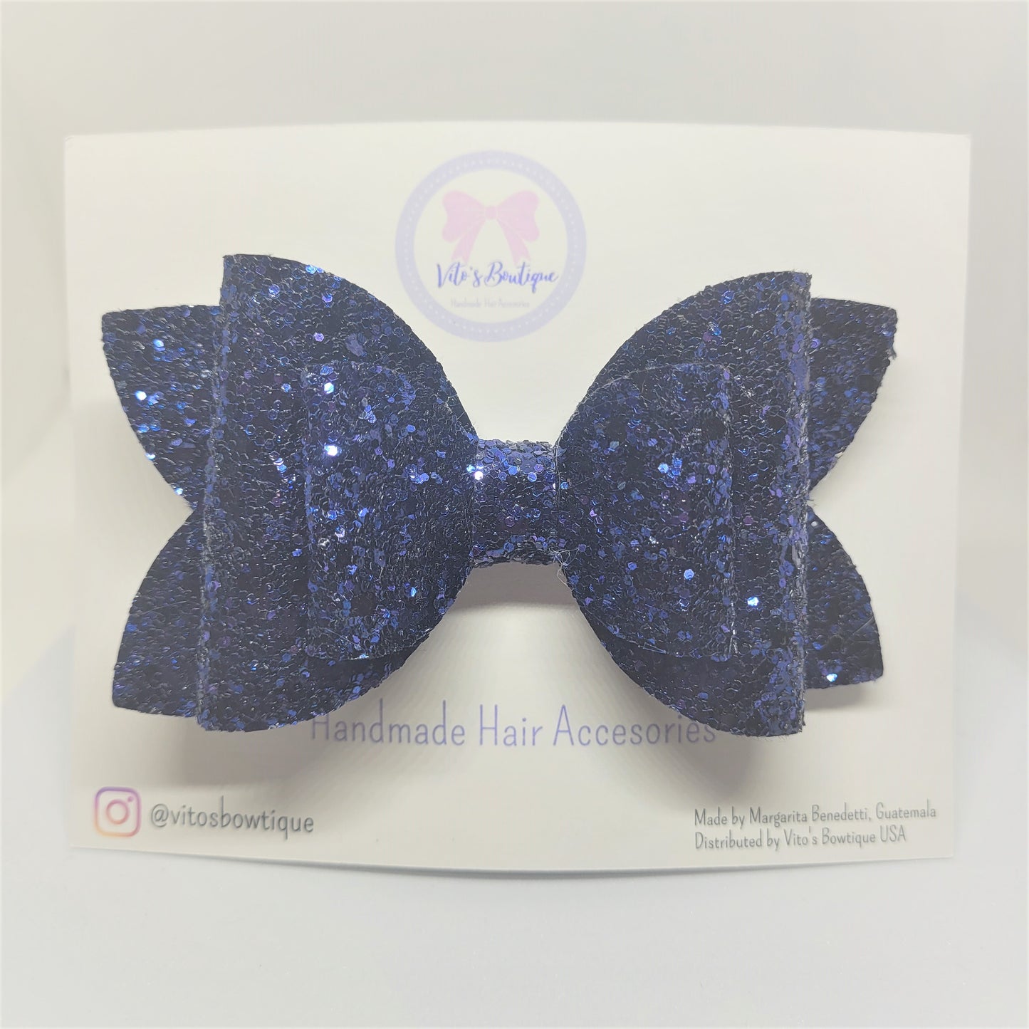 4" Dark  Blue Sparkly Glitter Classic Bow